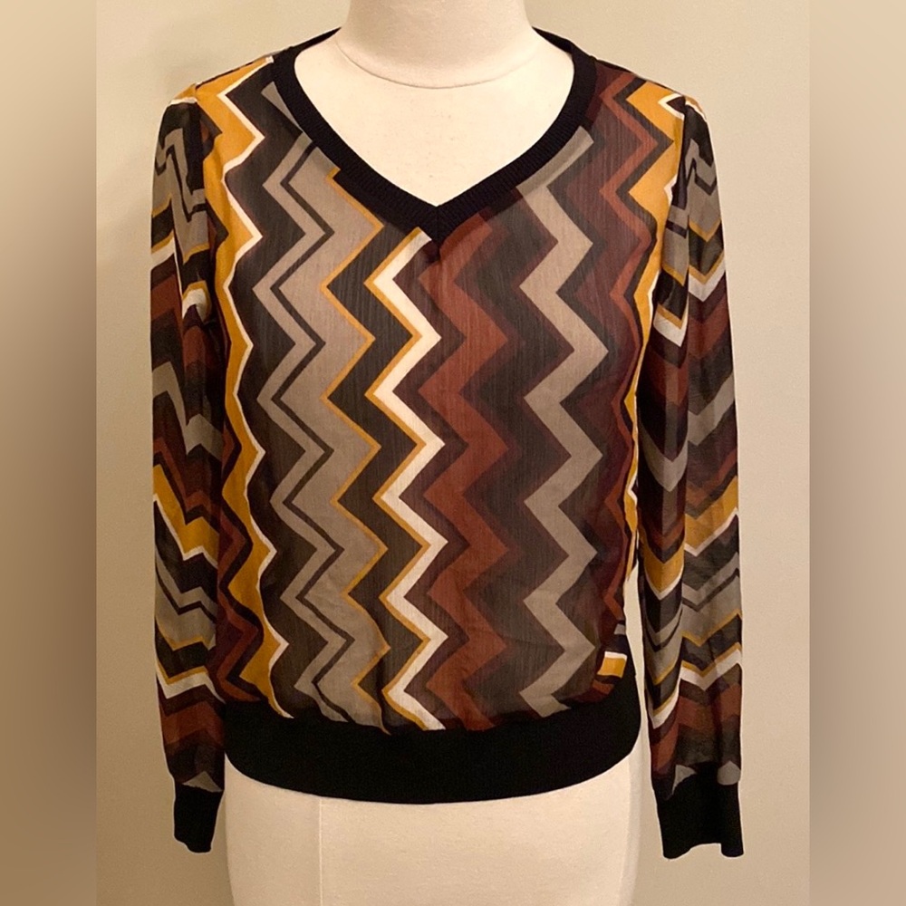 Missoni For Target Brown Black Zig Zag SZ XS 70s Retro Boho Chic Sheer Crepe Top